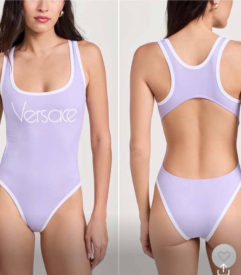 Versace Logo Print Racerback One-Piece Swimsuit in Lilac